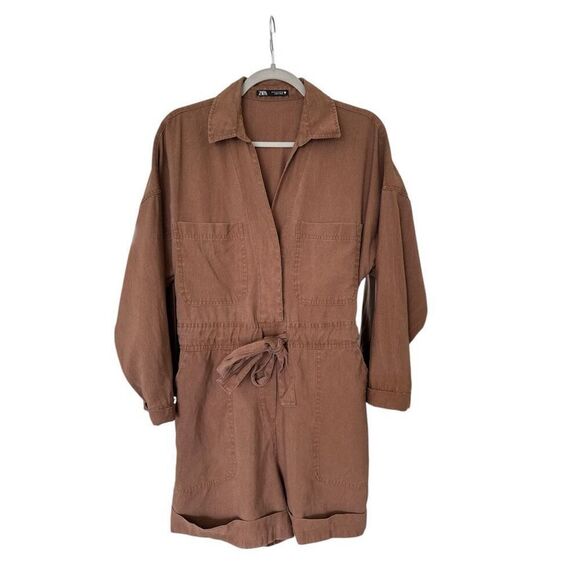 Zara Women's Utility Long Sleeve Belted Boiler Suit Romper Brown Small - Picture 1 of 6